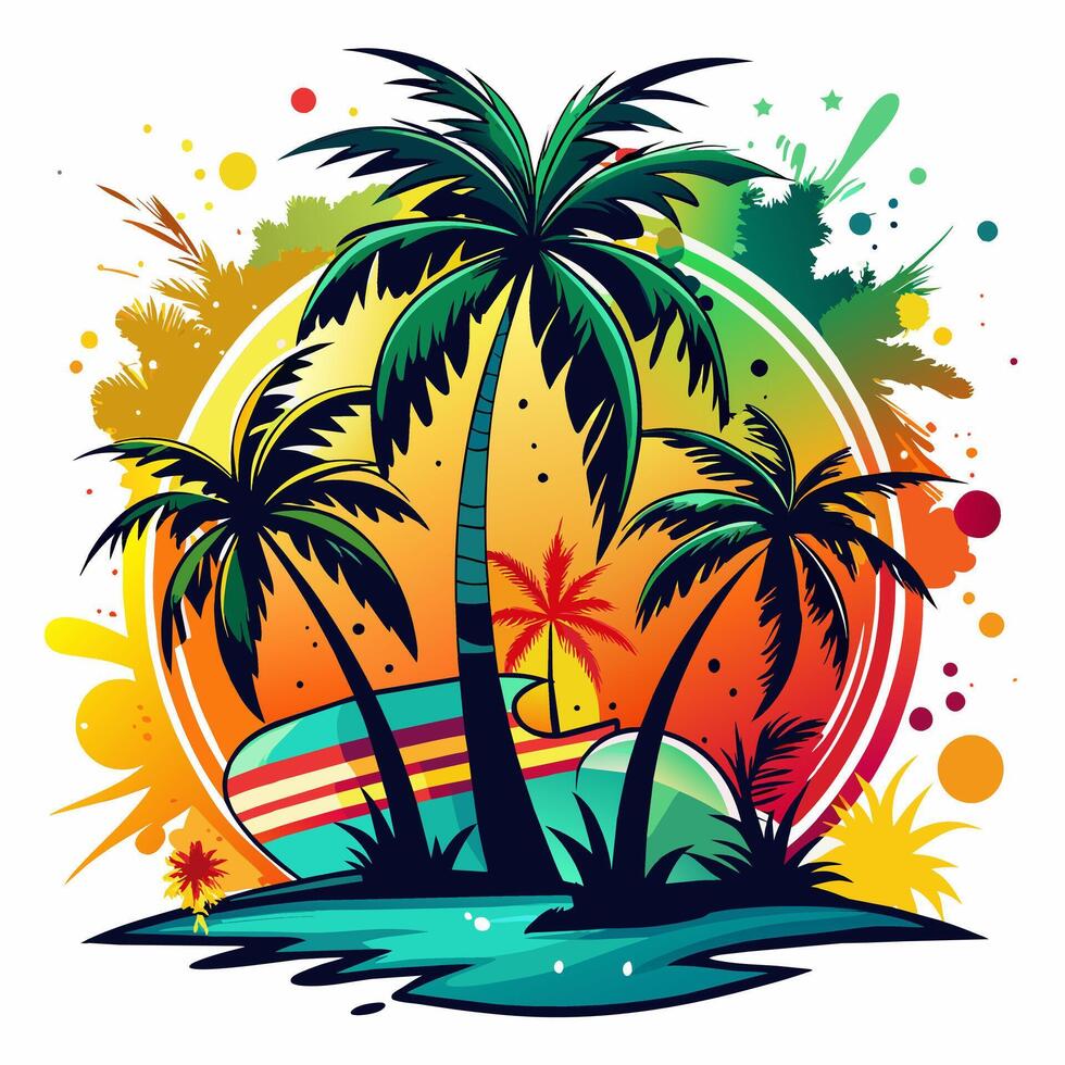 Summer design with palm trees on color splash sticker concept on white background,print design on t-shirt vector