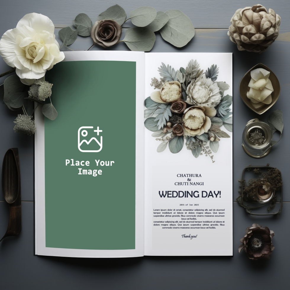 wedding invitation mockup with flowers and leaves psd