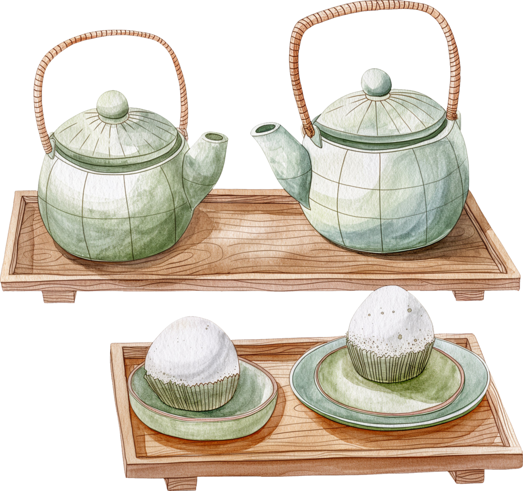tsukimi dango rice cakes placed on plates and tea pots, 2 placed on wooden trays png