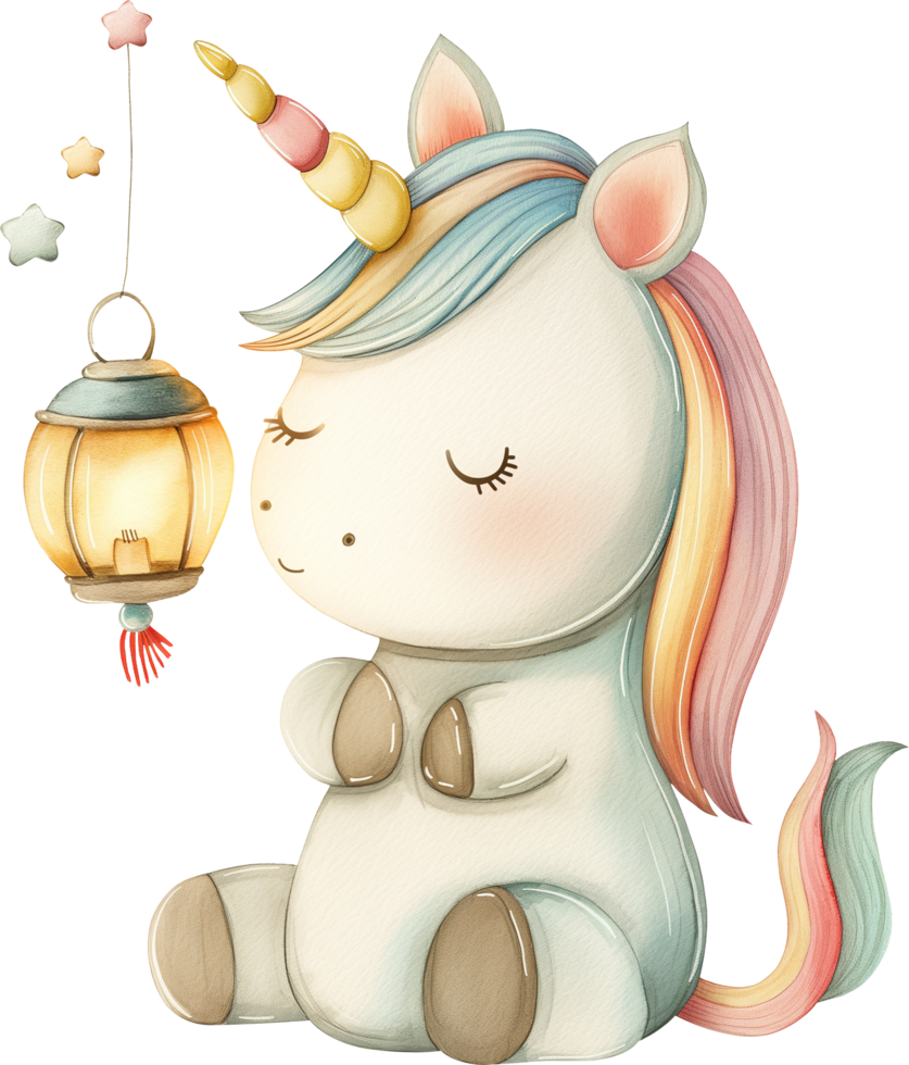 Cute unicorn with a lantern necklace watercolor png