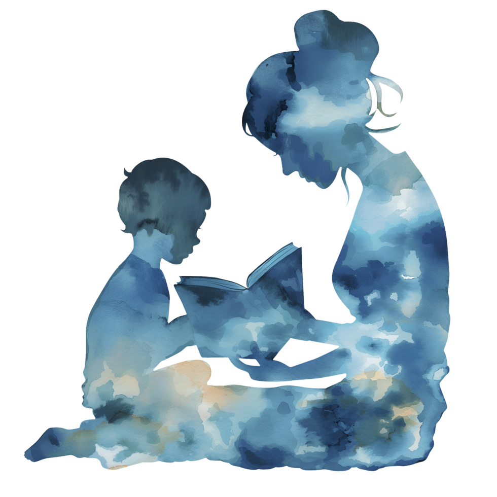Cute silhouette of a mother and child reading a book png