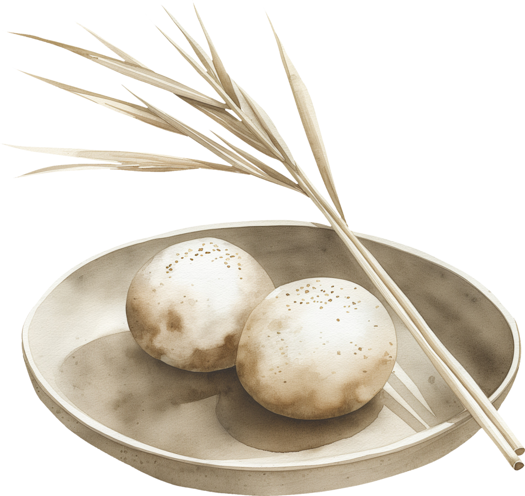 Two Tsukimi dango on a small plate, with a single reed grass stalk placed elegantly behind the plate png