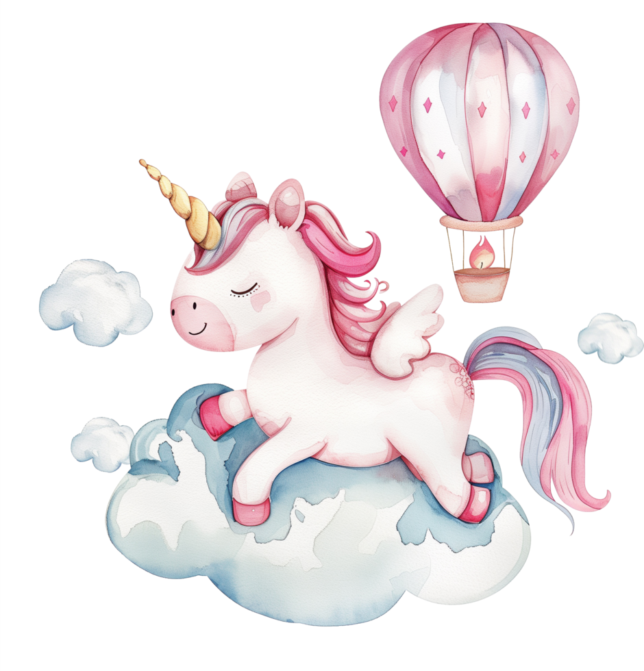 Cute unicorn riding clouds and a sky lantern watercolor png