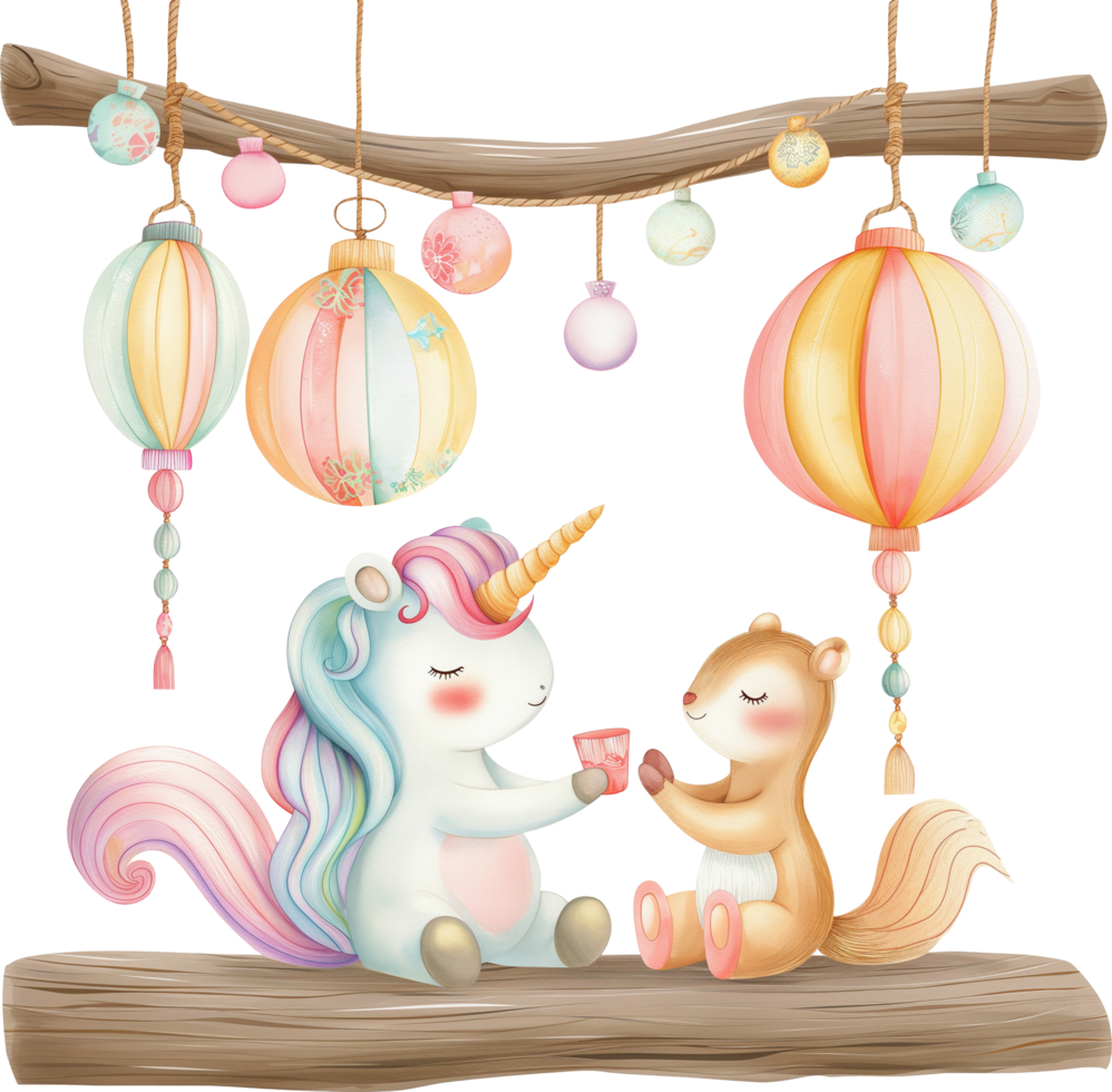 Cute unicorn painting colorful patterns on lanterns with a squirrel watercolor png