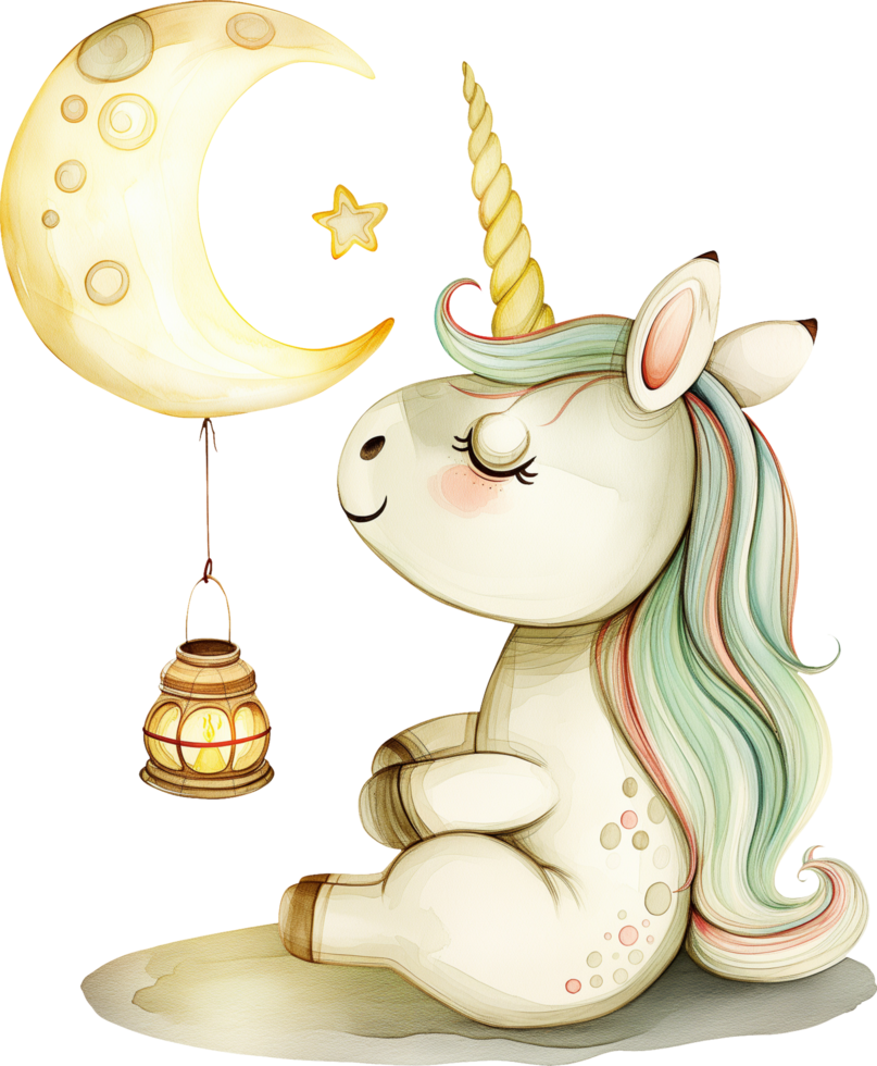 Cute unicorn gazing at the full moon with a lantern hanging from its horn watercolor png