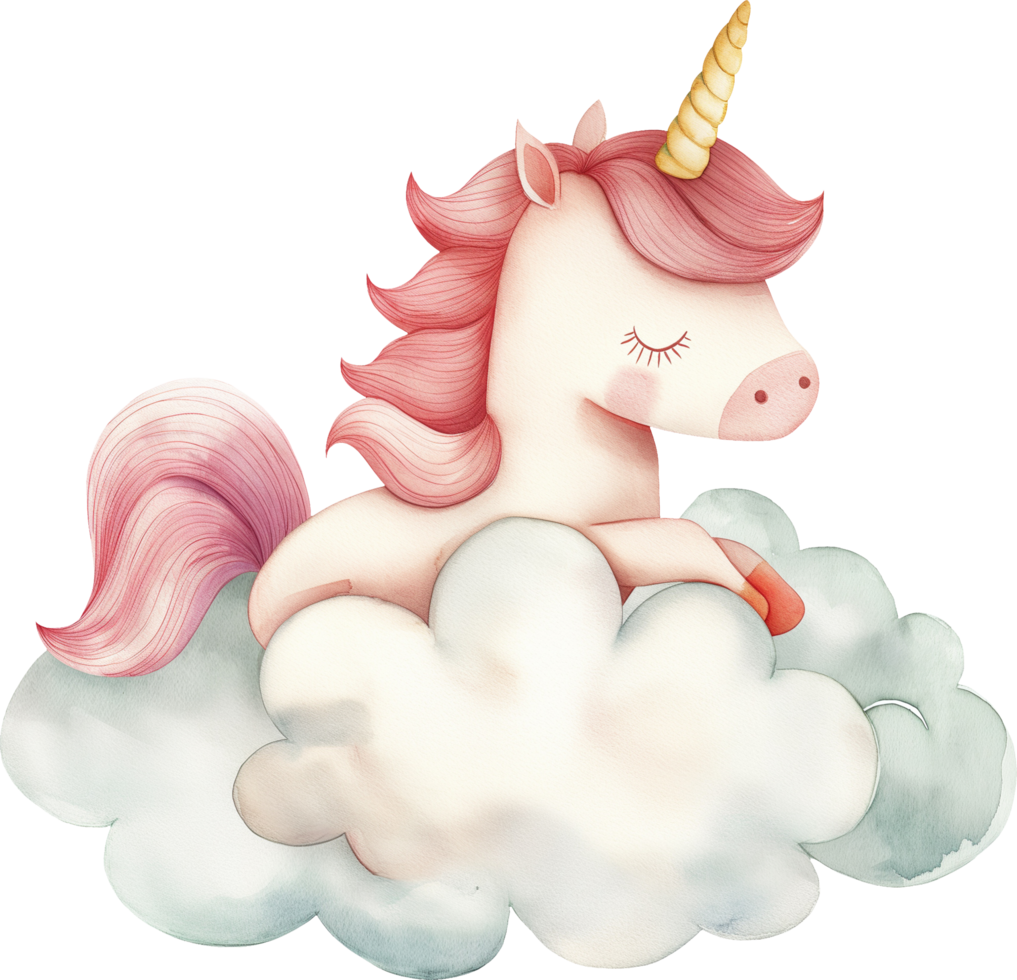 Cute unicorn riding clouds watercolor png