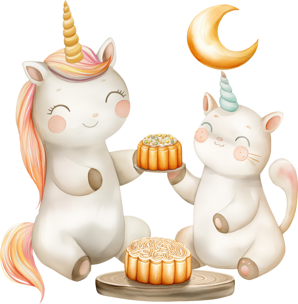 Cute unicorn and a cat enjoying mooncakes watercolor png