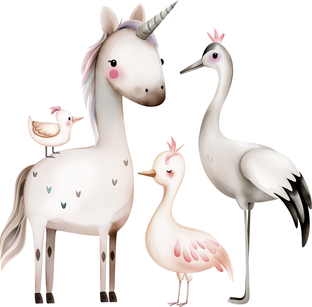 Cute unicorn and a crane standing peacefully watercolor png