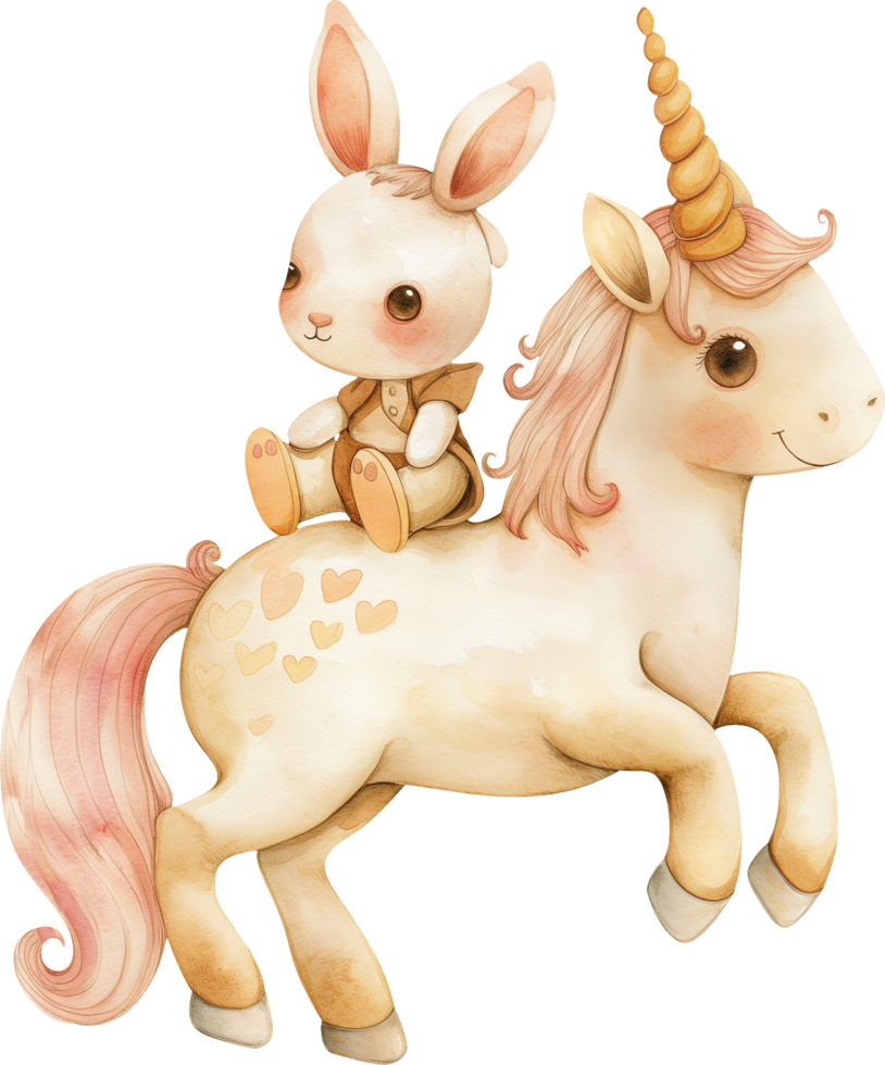 Rabbit sits on the back of the leaping cute unicorn. watercolor png