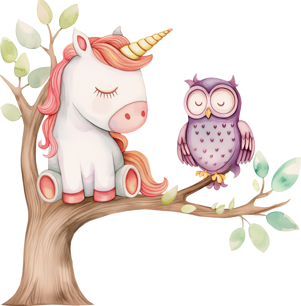 Cute unicorn and an owl perched on a tree branch watercolor png