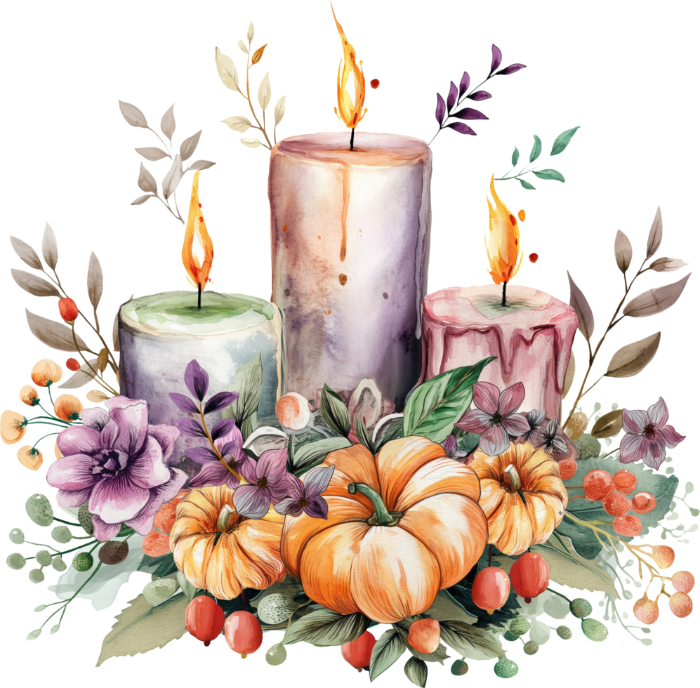 Creating a centerpiece with candles and Halloween-themed floral arrangements png