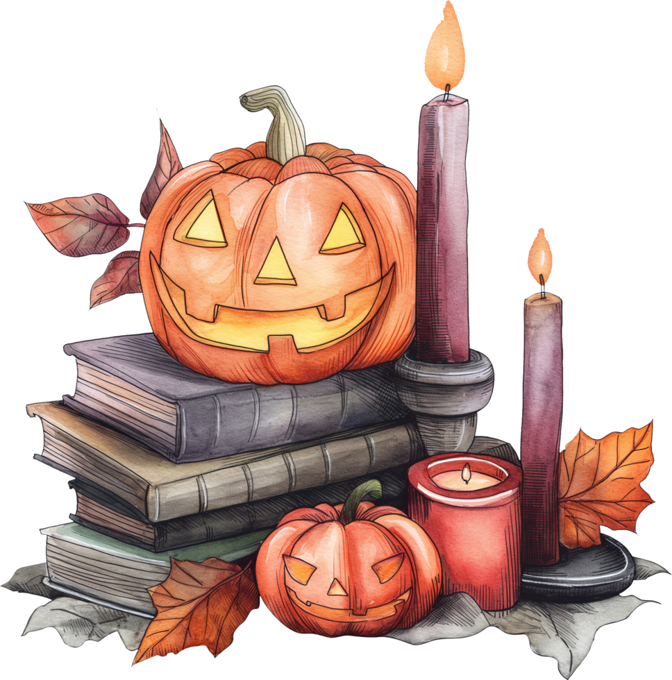 Placing candles near a display of Halloween themed books and movies png