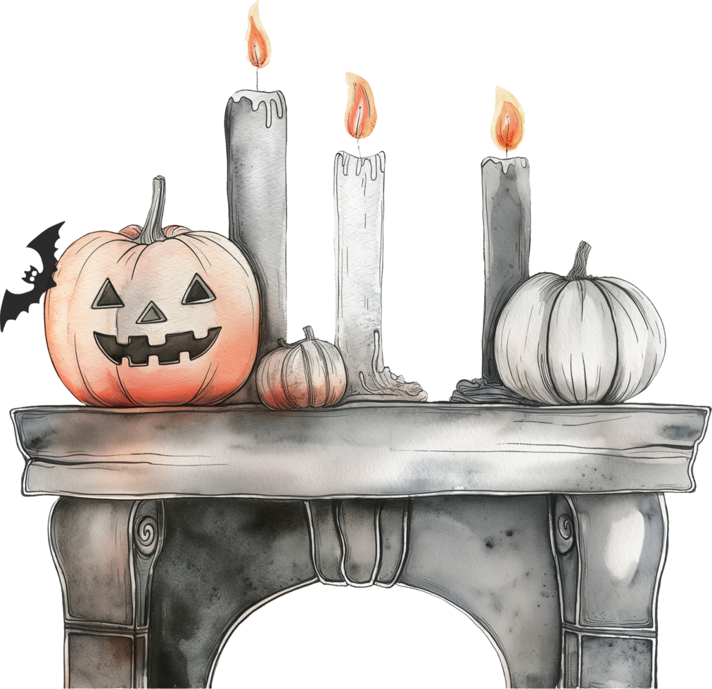 Placing candles on a mantelpiece interspersed with Halloween decorations png