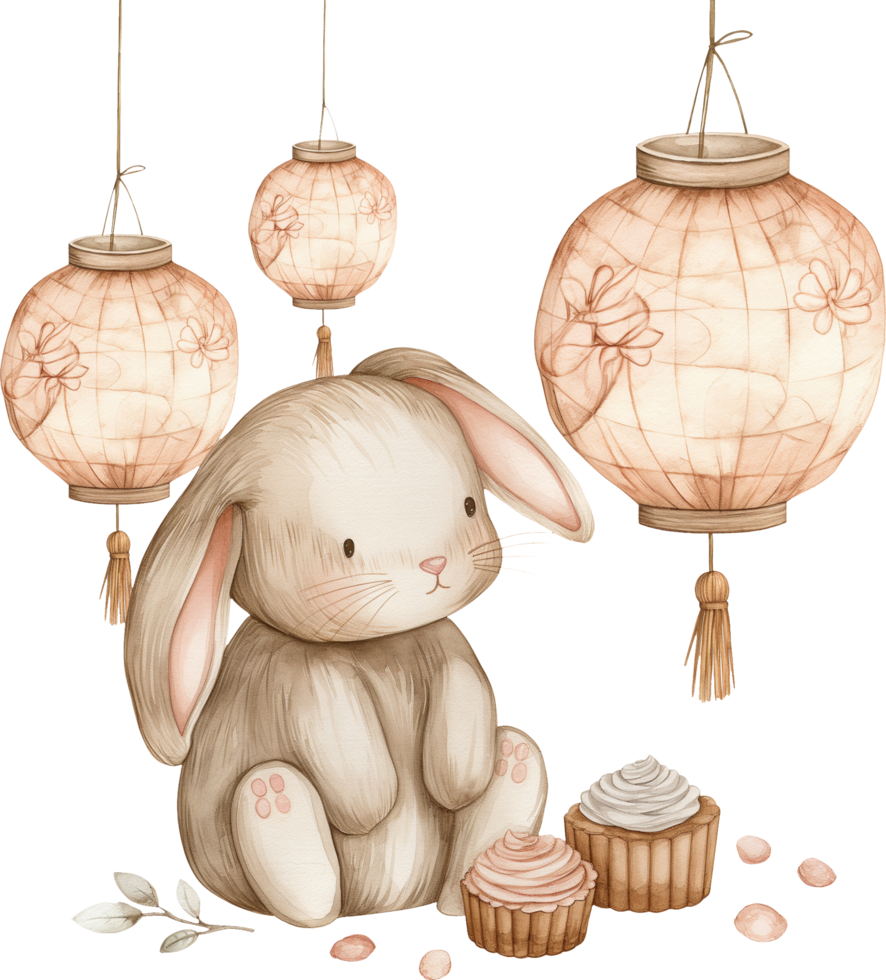 Bunny, 2 moon cake and 3 sky lanterns png