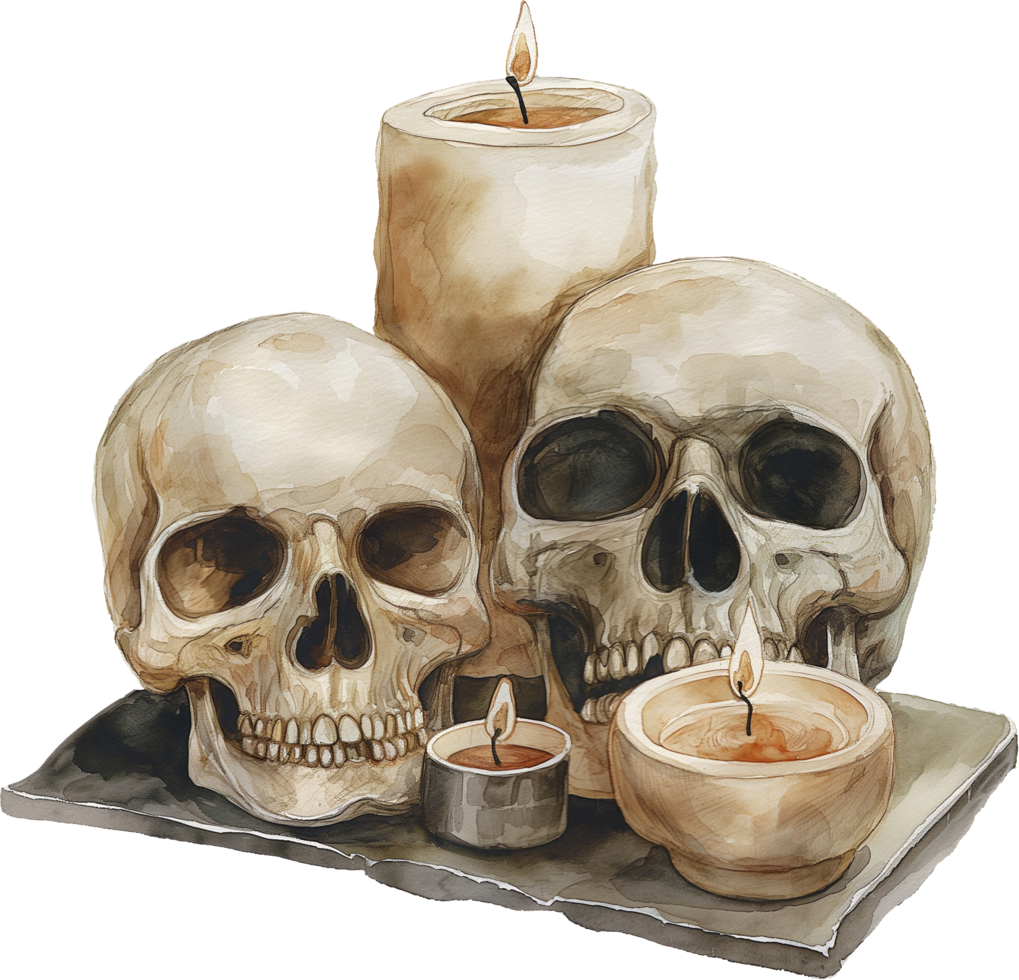 Setting up skull candle holders for a bone chilling table display png