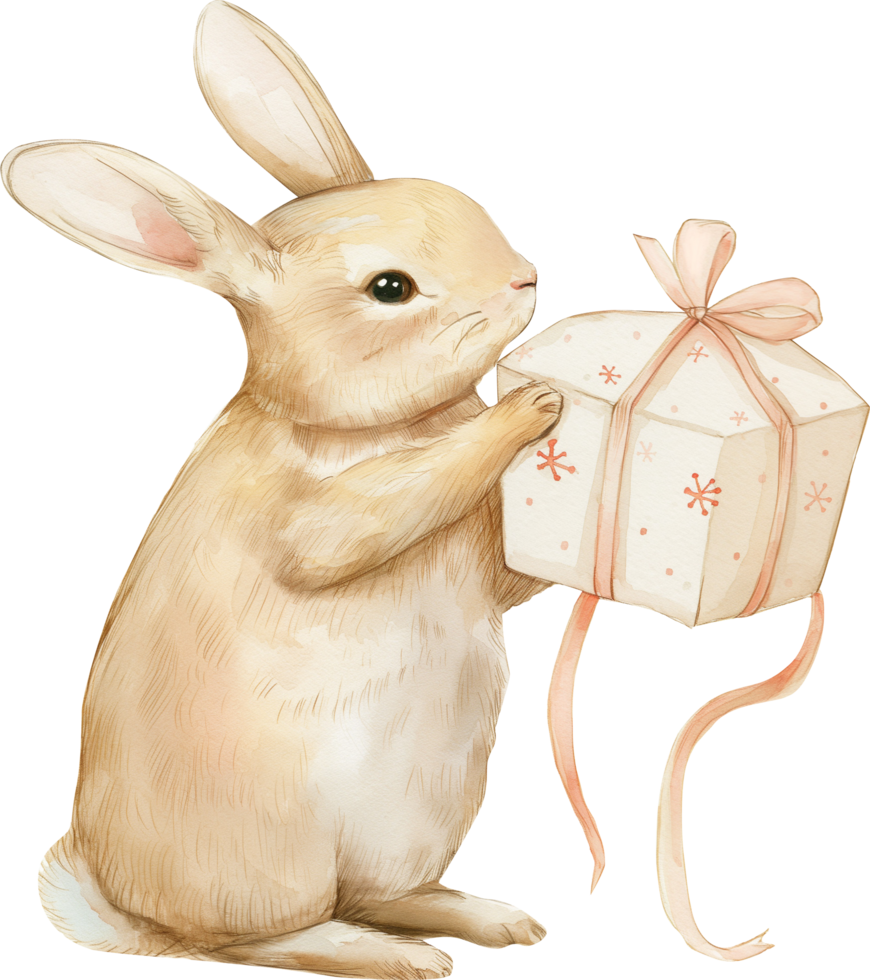 A rabbit wrapping a mooncake as a gift, with festive wrapping paper and ribbons png