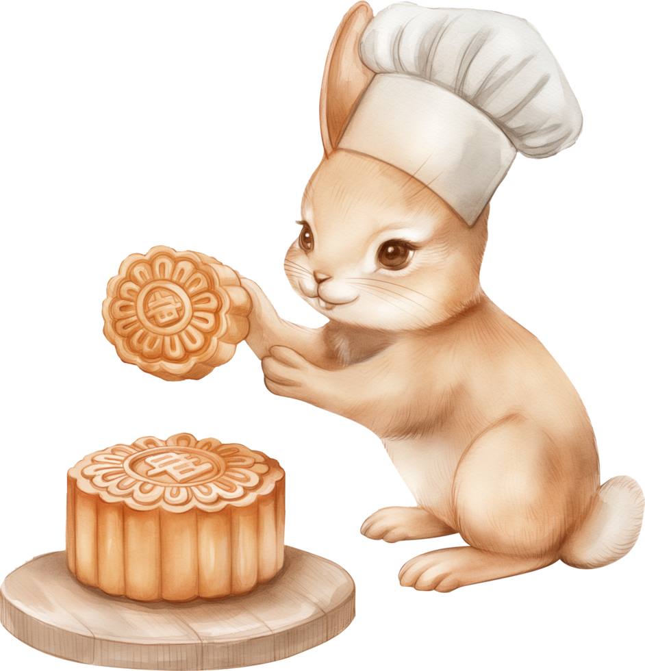 A rabbit wearing a chef's hat, putting the final touches on a beautifully decorated mooncake png