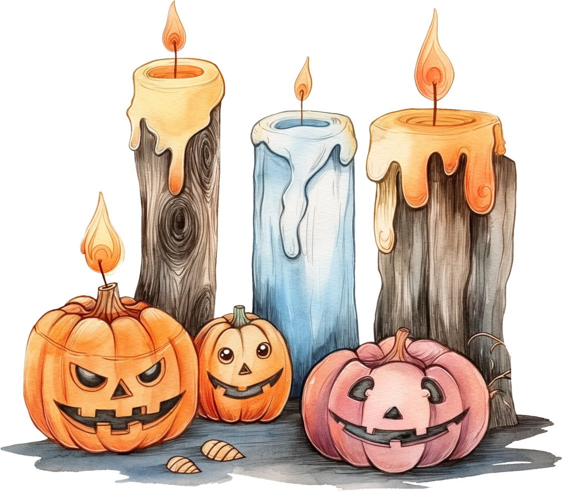 Setting candles near a collection of carved wood Halloween decorations png