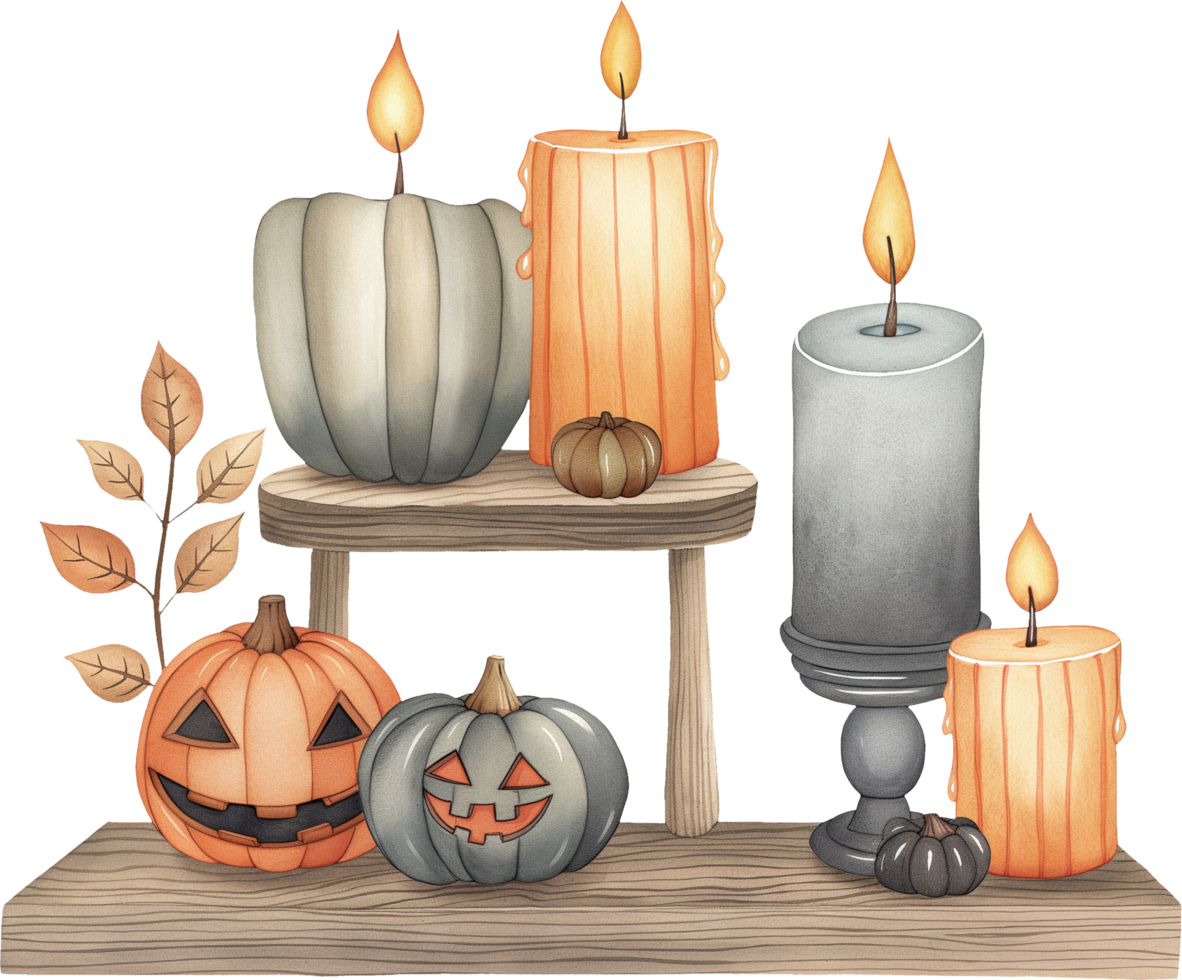 Arranging candles on a shelf among Halloween themed knick knacks png