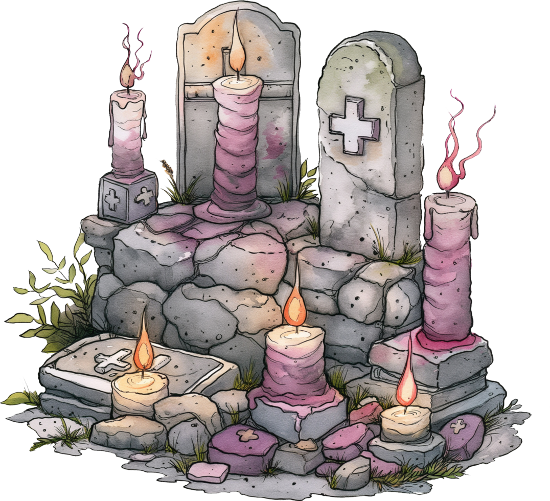 Arranging candles in a graveyard setup with miniature tombstones png