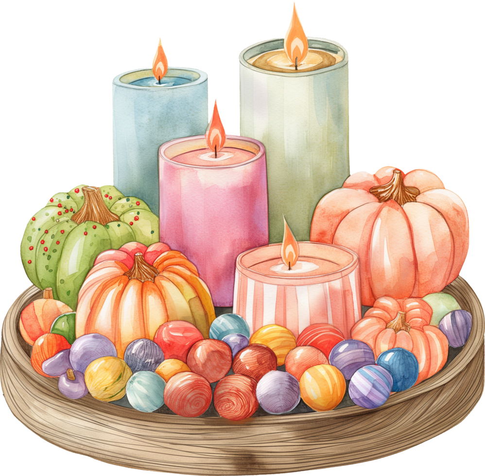 Arranging candles in a Halloween candy buffet for a glowing treat display png