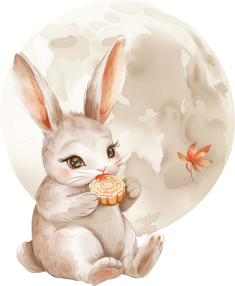 A rabbit sitting under a full moon, holding a mooncake with a bite taken out, surrounded by fallen autumn leaves png