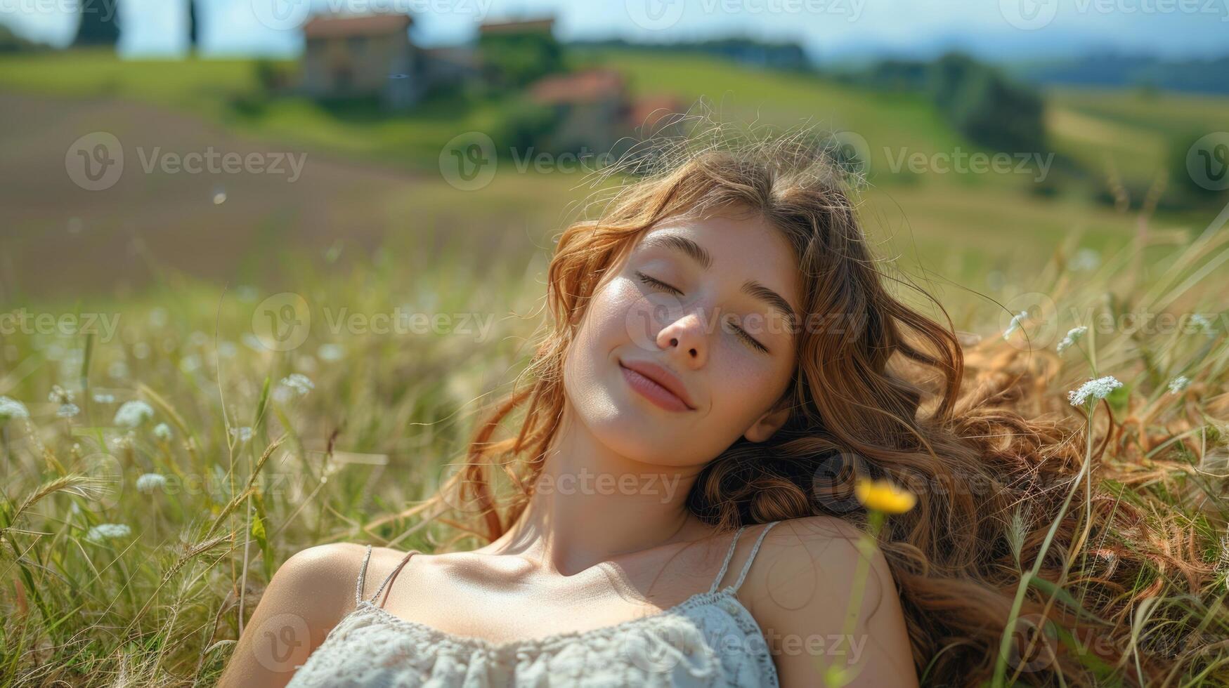 girl resting and relaxing on flower field, ai photo
