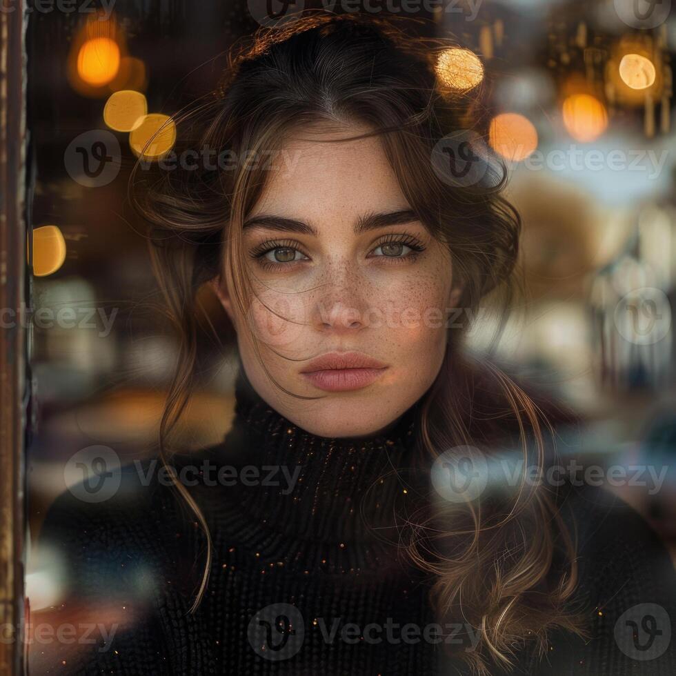 cute girl looking out the cafe window wearing black sweater, ai photo
