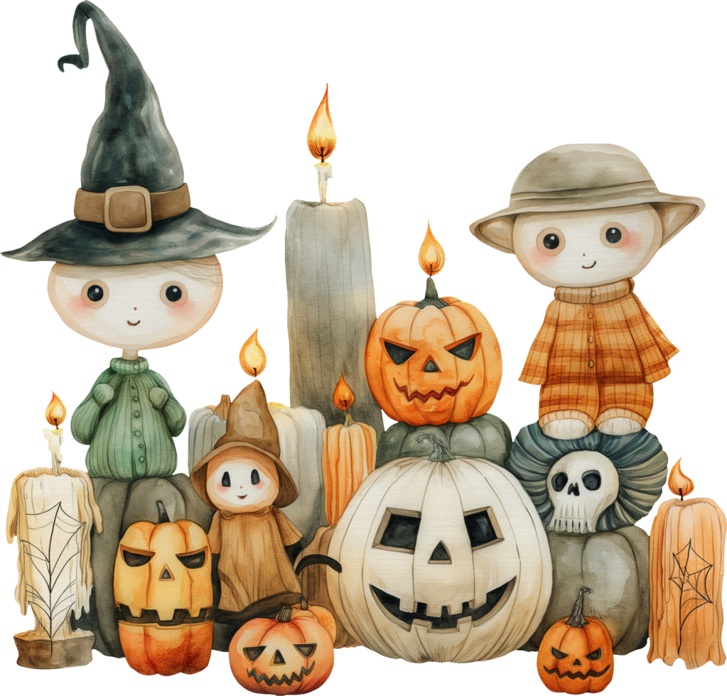 Arranging candles to light up a collection of vintage Halloween costumes png