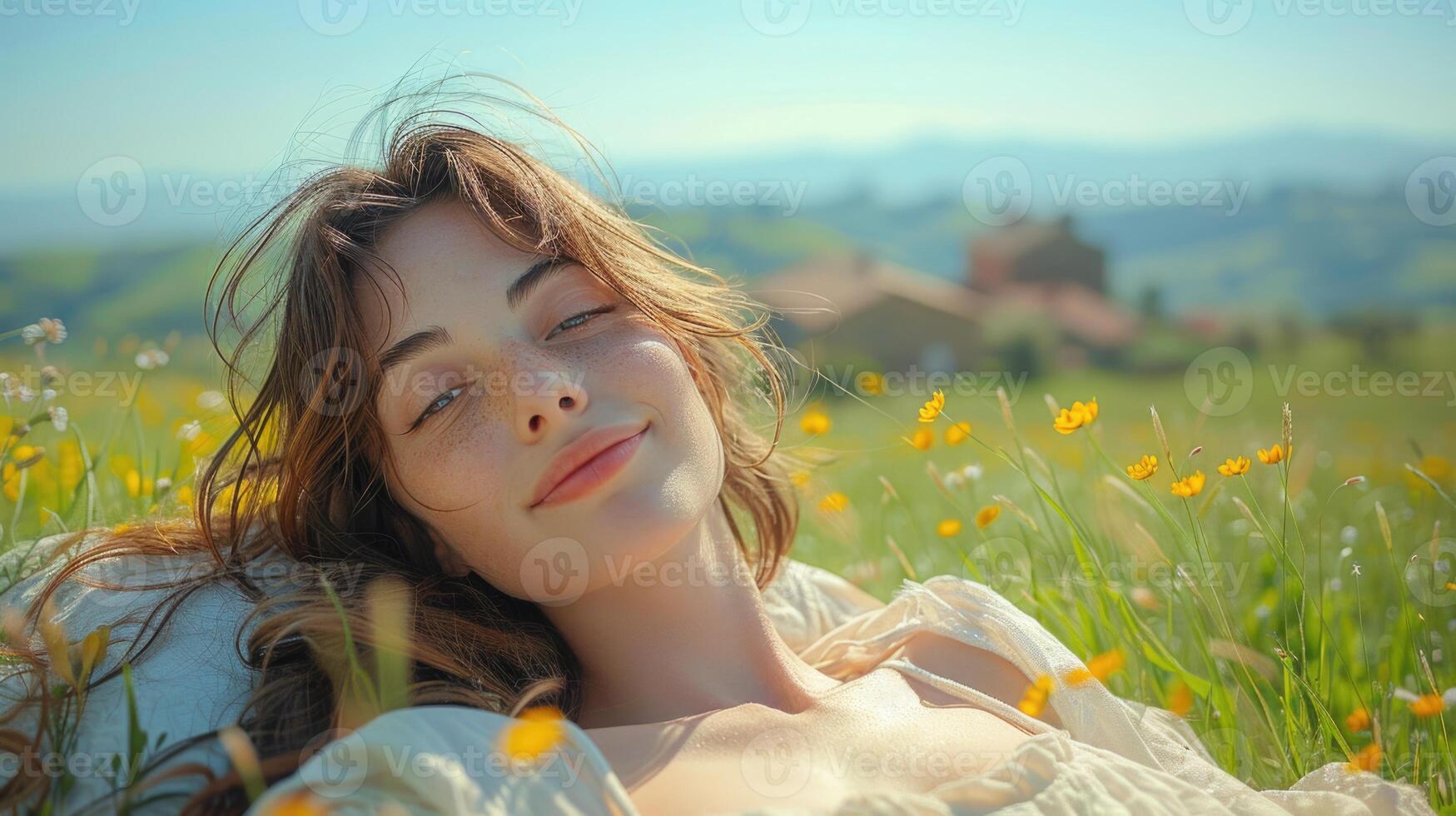 girl resting and relaxing on flower field, ai photo