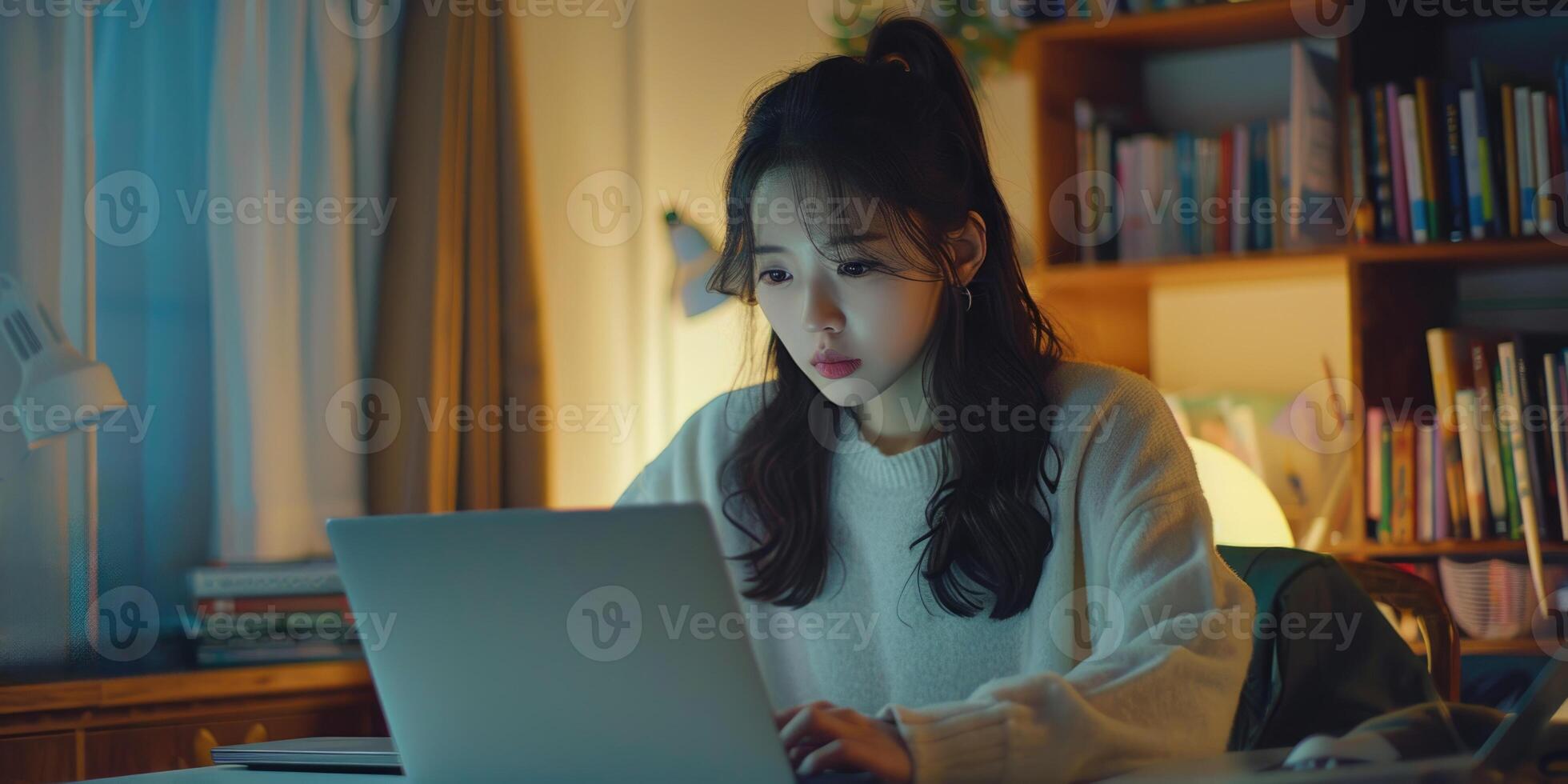 female student studying with laptop, ai photo