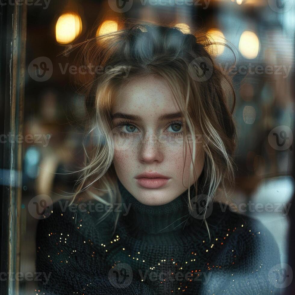 cute girl looking out the cafe window wearing black sweater, ai photo
