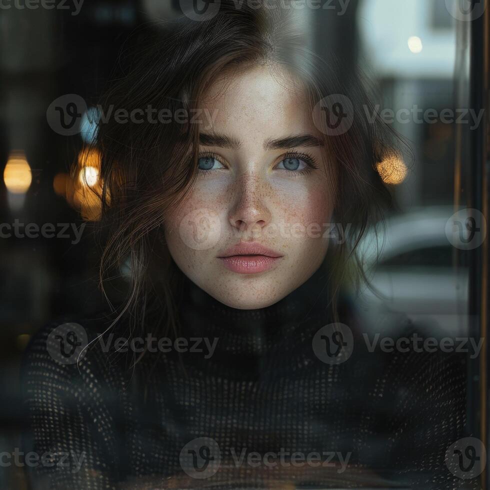 cute girl looking out the cafe window wearing black sweater, ai photo