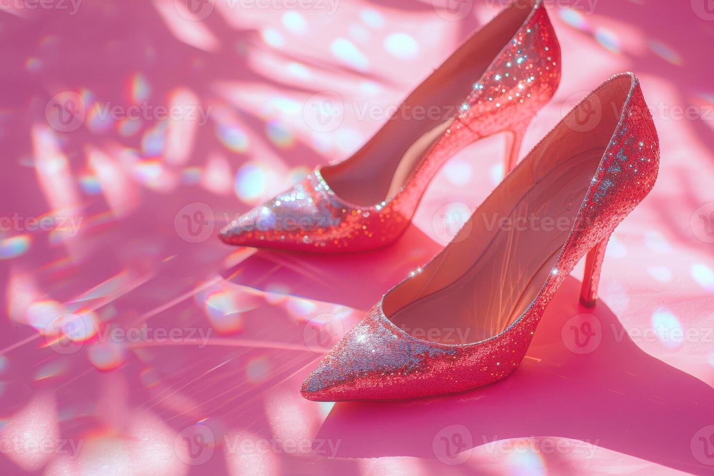 Beautiful women's shoes with sparkles on a pink background. Glamorous chic and shimmer of sunlight photo