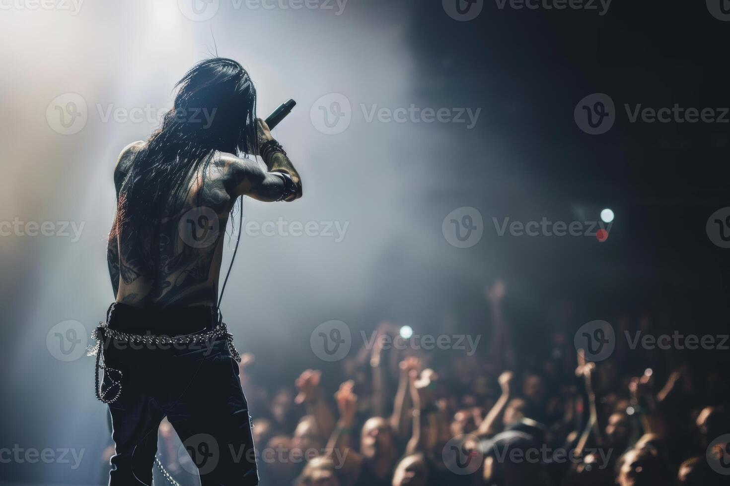 A rock frontman singing to the microphone to the crowd on a concert in a stage backlights. Back view photo
