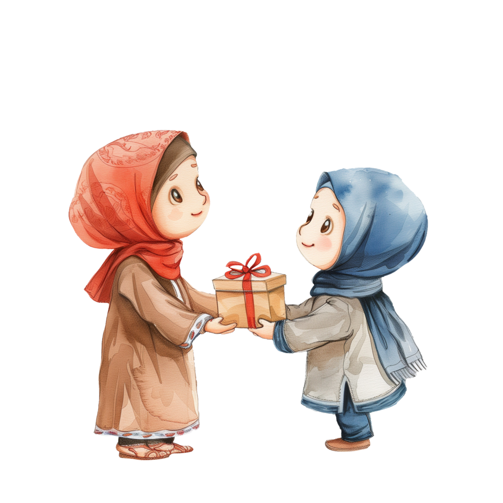 Cute Muslim boy giving gift to mother png