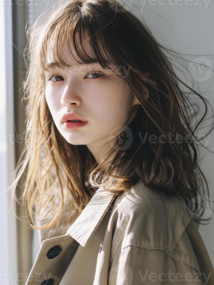 japanese fashion model girl with brown hair bangs, ai photo