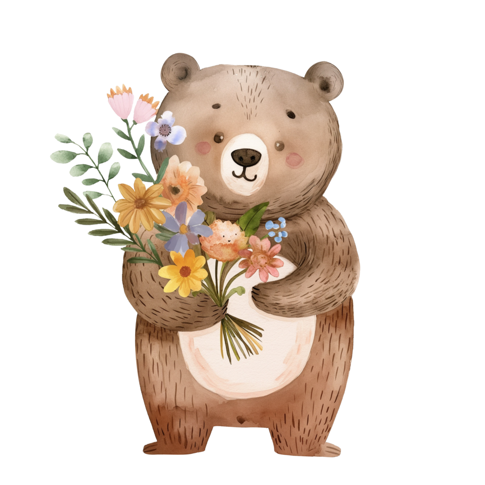 An Cute icon of a mother bear with a bouquet of flowers png