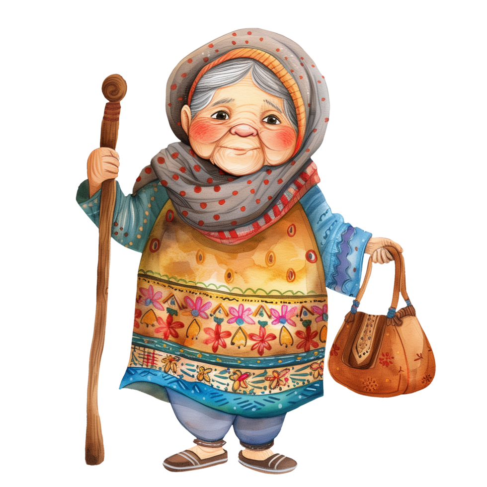 Cute Indian Happy granny or Grand Mother holding purse and walk AI generateding stick png