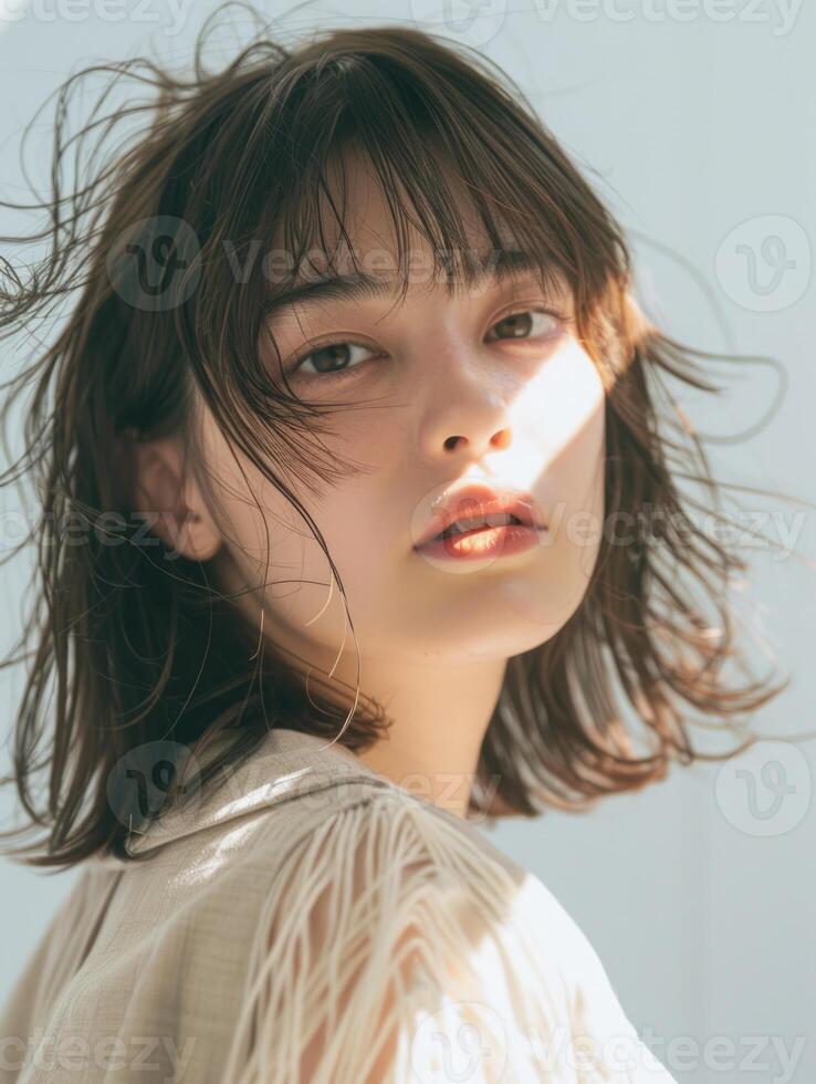 japanese fashion model girl with brown hair bangs, ai photo