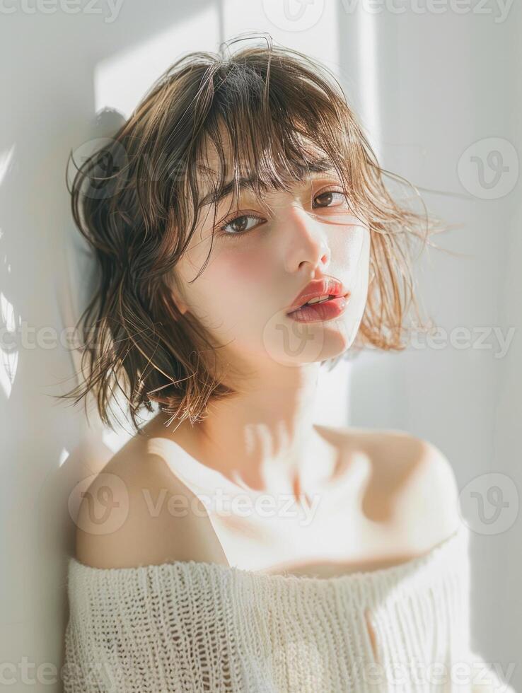 japanese fashion model girl with brown hair bangs, ai photo