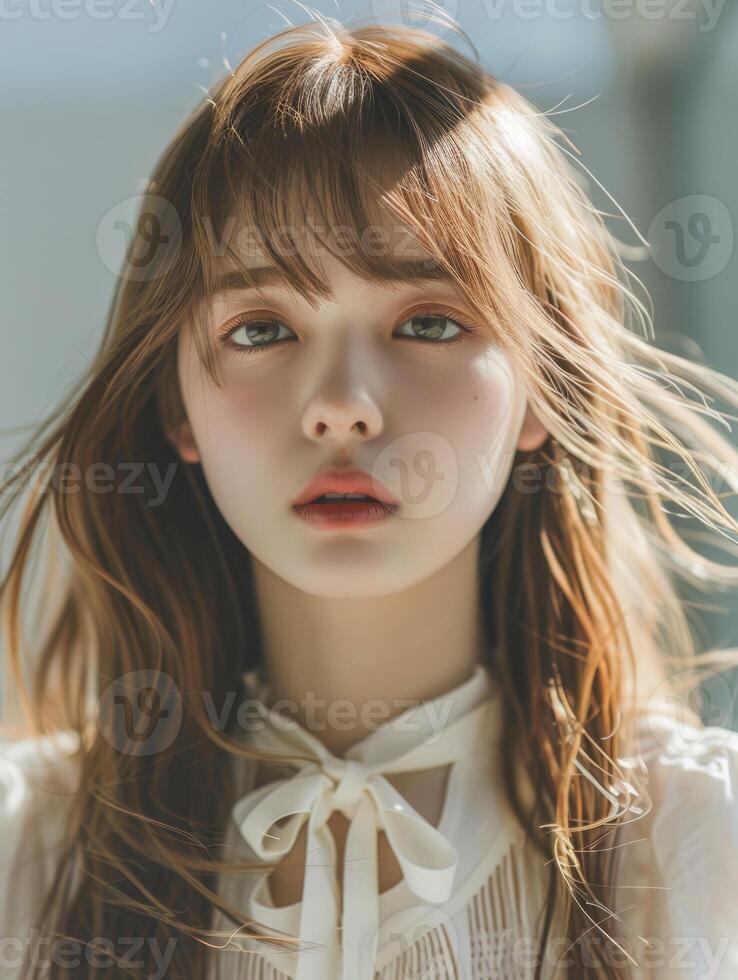 japanese fashion model girl with brown hair bangs, ai photo