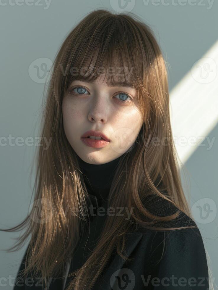 japanese fashion model girl with brown hair bangs, ai photo