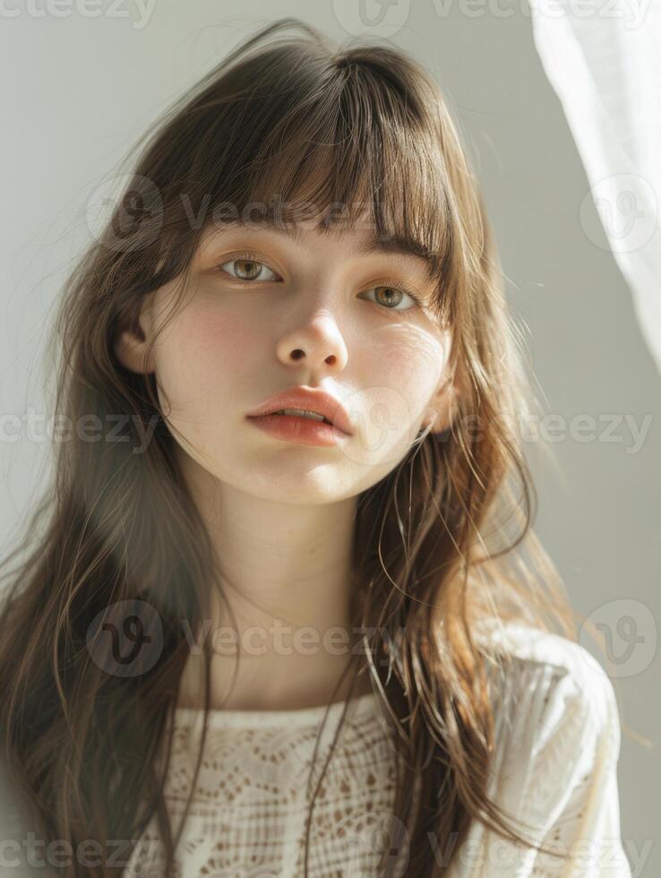 japanese fashion model girl with brown hair bangs, ai photo