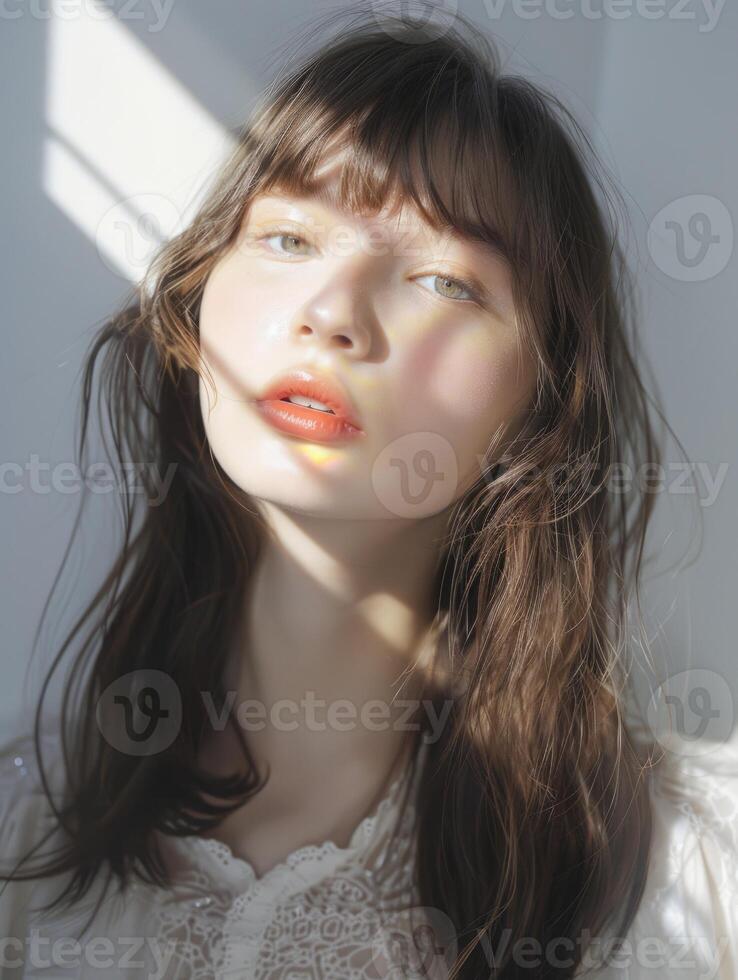 japanese fashion model girl with brown hair bangs, ai photo