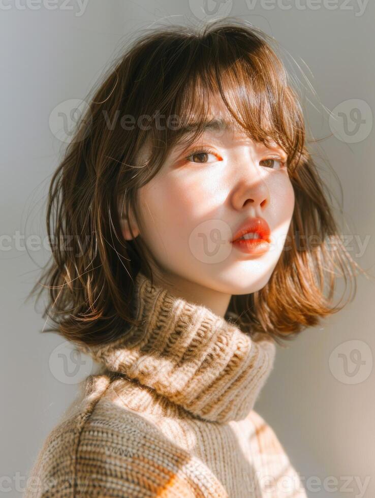 japanese fashion model girl with brown hair bangs, ai photo