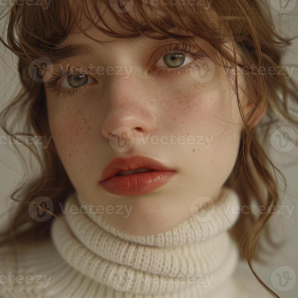 young cute asian girl wearing white turtleneck sweater, ai photo
