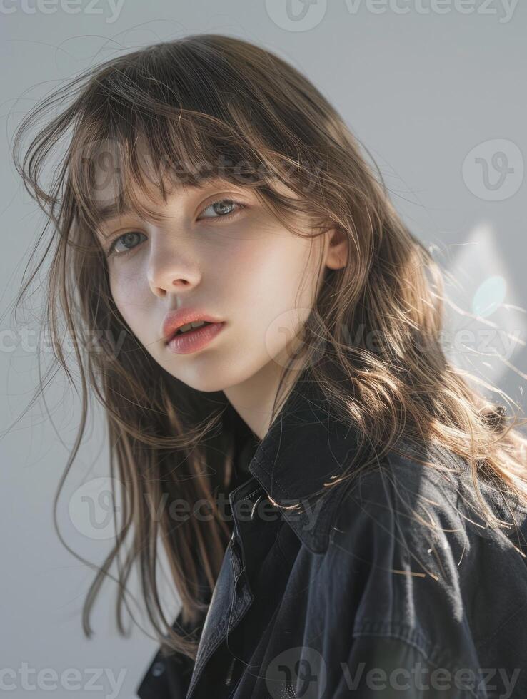 japanese fashion model girl with brown hair bangs, ai photo