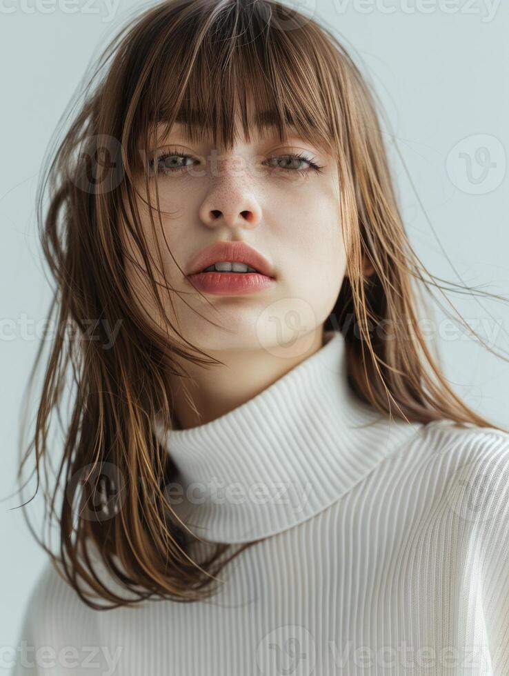 japanese fashion model girl with brown hair bangs, ai photo