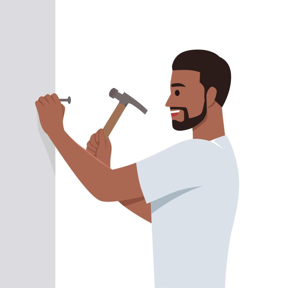 Man with hammer makes repairs in house by hammering nail into wall. vector